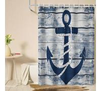 UUZEAI Shower Curtain 200 x 220 cm Nautical Blue Anchor Retro Wood Plank Waterproof Polyester Fabric Washable Bath Curtain for Bathroom with Hooks