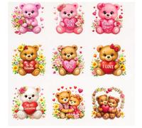 UV DTF Cup Wrap Transfers for 16oz Glass, Waterproof Valentine's Day Bear Theme Sticker Decals for Water Bottles and Wood Crafts, 2.5 Inch, 12 Pack