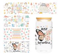 UV DTF Cup Wraps for 16 Oz - 5 Sheet Butterfly UV DTF Transfer Sticker for Glass, Mental Health Uvdtf Cup Wraps, Butterfly Flower Rainbow Inspirational Quotes Design, Waterproof Rub on Transfer