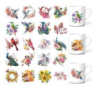 UV DTF Cup Wraps Stickers, 20 Sheets Bird Floral Designs for Glass Mugs, DIY Crafts with Peacock Sunflower Dragonfly Patterns, Waterproof Rub on Transfer for Home Office Decor