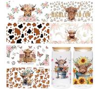 UV DTF Cup Wraps Stickers, 8 Sheets Highland Cow Design for Glass Mugs, DIY Crafts with Funny Animal Patterns, Waterproof Rub on Transfer for Home Office Decor