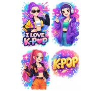 UV DTF Cup Wraps Transfer Stickers - K-Pop Anime Girl Music Theme, 2.5x2.5 Inch Waterproof Decals for Mugs, Water Bottles, Laptops, Cute Korean Pop Style Designs, Pack of 4