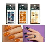 UV Gel Nail Stickers - 3 Pack Set with Cat Patterns in Navy Blue & Orange, 12 Pieces Per Sheet, No Lamp Needed, Water Resistant, Quick-Apply, Glossy Finish, Made in Korea
