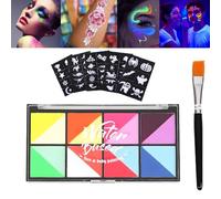 UV Neon Face & Paint Palette with 8 Dual-Tone Split Cake Colours - Glow in the Dark Face Painting Kit with Brush and Reusable Stencils for Festivals Halloween Parties Creative Art