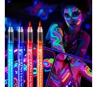 UV Neon Face Paint Pen Set - 4 Colors Blue, Red, Purple & Orange Glow in the Dark Eyeliner Kit - Waterproof Liquid Pens for Temporary Tattoos, Festival & Party Makeup for All Ages