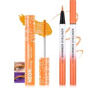 UV Neon Orange Mascara & Eyeliner Set, Waterproof Volumizing Colored Mascara Volume and Length for Lashes Lengthening, Long Lasting Glitter Liquid Eyeliner Pencil, Halloween Glow in the Dark Makeup-04