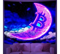UV Reactive Neon Bitcoin Moon Tapestry, Glow in the Dark Cyber Crypto Symbol Tapestries, Blacklight Futuristic Digital Coin Glow Wall Hanging for Dorm Bedroom Living Room Home Decor 180x300 cm Y2g240