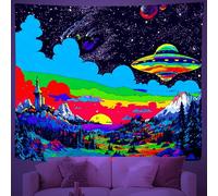 UV Reactive Psychedelic Alien Tapestry, Glow in the Dark Neon UFO Sky Tapestries, Blacklight Cosmic Fantasy World Glow Wall Hanging for Dorm Bedroom Living Room Home Decor 130x150 cm Y2g117
