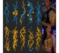 UV Shine Lightning Patterns Temporary Tattoos, Glow in the Dark Tattoos | Blacklight Activated Neon blue, orange and yellow brilliance,Body Tattoo Set for Halloween, Cosplay, Dance Parties and Raves