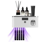 Uv Toothbrush Sanitizer Holder,Toothbrush Holder Automatic Toothpaste Dispenser,Wall Mounted Tooth Brush Holder with 5 Brush Slots Electric for Bathroom UV Toothbrush Sanitizer (Gray)