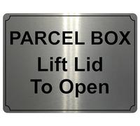 UV096 PARCEL BOX Lift Lid To Open Metal Aluminium Plaque Sign Letters House Office A4 (Brushed Silver - Sticky Pads)