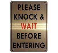 UV126 KNOCK & WAIT BEFORE ENTERING Metal Aluminium Plaque Sign Door House Office A4 (Brushed Gold - Double Side Tape)