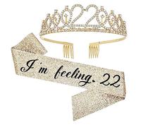 UVATAHONA 22nd Birthday Sash and Tiara for Girl, I'm feeling 22 Sash and 22 Crown, Happy 22nd Birthday Gifts for Girls Kids Party Favors Supplies and Decorations, Gold