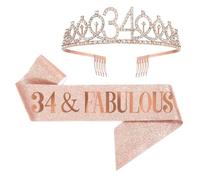 UVATAHONA 34th Birthday Sash and Tiara for Women, 34 & Fabulous Birthday Sash and Crown for Party Favors Supplies and Decorations, Rose Gold