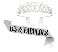 UVATAHONA 65th Birthday Sash and Tiara for Women, 65 & Fabulous Sash and Crown, 65th Birthday Decorations Gifts for Woman Queen Party Favors Supplies, Silver
