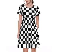 UVBDF Black and White Checkered Stripes Summer Dresses for Women Casual Tshirt Short Sleeve Sundress Beach Cover Ups with Pockets
