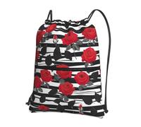 UVBDF Black White Stripes Red Rose Flowers Print Lightweight Backpack with Drawstring Zipper, Adjustable Compartment for Beach Walking Tour