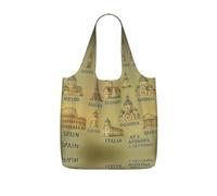 UVBDF European Landmarks Illustrate Print Grocery Tote Reusable Packable Bag 25l Polyester Washable Travel Holiday Carryall