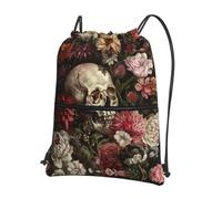 UVBDF Floral Skull Print Lightweight Backpack with Drawstring Zipper, Adjustable Compartment for Beach Walking Tour