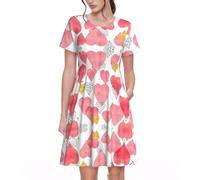 UVBDF Gold Red Heart Spring Women's A-Line Dress, Printed Short Sleeve Dress with Pockets, Elastic Waist, Everyday Comfort Skirt