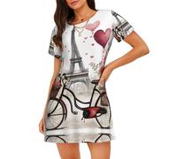 UVBDF Love Paris Tower Coffee Wine Perfume Bicycle Heart Womens Short Sleeved Nightshirts,Ladies Loose Round-Neck Sleepwear Pajama Dress