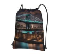 UVBDF New York Manhattan Bridge Night Print Lightweight Backpack with Drawstring Zipper, Adjustable Compartment for Beach Walking Tour