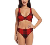 UVBDF Red and Black Plaid Women's Two Piece Bikini Set,Criss Cross Front Design with Supportive Swim Top
