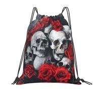 UVBDF Skull And Red Rose Drawstring Backpack Bulk Sports Gym Cinch String Bag Polyester For Men Women