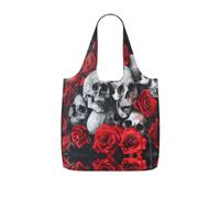 UVBDF Skull And Red Rose Print Grocery Tote Reusable Packable Bag 25l Polyester Washable Travel Holiday Carryall
