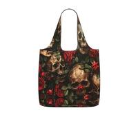UVBDF Skull And Red Rose Print Grocery Tote Reusable Packable Bag 25l Polyester Washable Travel Holiday Carryall