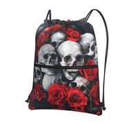 UVBDF Skull and Red Rose Print Lightweight Backpack with Drawstring Zipper, Adjustable Compartment for Beach Walking Tour