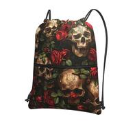 UVBDF Skull and Red Rose Print Lightweight Backpack with Drawstring Zipper, Adjustable Compartment for Beach Walking Tour