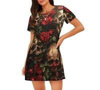UVBDF Skull And Red Rose Womens Short Sleeved Nightshirts,Ladies Loose Round-Neck Sleepwear Pajama Dress