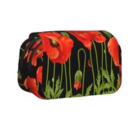 UVBDF Spring Red Flowers Printing School Double Layer Clamshell Pencil Case Organizer Stationery Bag for Kids Gift