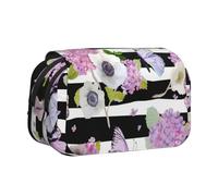 UVBDF Striped Flower Butterfly Printing School Double Layer Clamshell Pencil Case Organizer Stationery Bag for Kids Gift