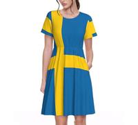 UVBDF Swedish Flag Summer Dresses for Women Casual Tshirt Short Sleeve Sundress Beach Cover Ups with Pockets Black