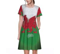 UVBDF Welsh Dragon Spring Women's A-Line Dress, Printed Short Sleeve Dress with Pockets, Elastic Waist, Everyday Comfort Skirt