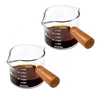 uvbws 2PCS 75ml/2.5 oz wooden handle espresso cup, V-shaped spout espresso, transparent glass espresso accessory, dual scale dual spout glass measuring cup