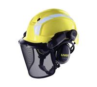 uvex 9774238 Forester's hard hat red lattice visor hearing protection