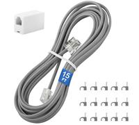 Uvital Phone Extension Cord 15 FT, Telephone Extension Cable Wire Cord with RJ11 Plug and 1 in-line Coupler and 15pcs Cable Clips, Grey