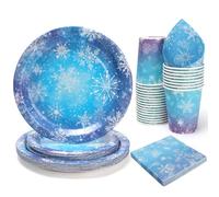 UVTQSSP Christmas Paper Plates and Cups Party Supplies, Blue Snowflake Party Paper Plates and Cups, Disposable Tableware Sets, Serve for 24 Guest, 96 PCS