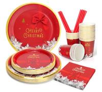 UVTQSSP Christmas Plates and Cups and Napkins Sets Party Supplies, Red Merry Christmas Snowflake Paper Plates and Napkins, Disposable Dinnerware Set, Serve for 25 Guests, 125 PCS