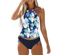 Uwdiohq Bathing Suits for Women Two Pie Ce High Neck Ruched Top with Shorts Swim Plus Size 4X (Blue, S) Older Ladies Swimming Costumes It Costume Seaspray Swimwear Black Swimsuit Womens Beach