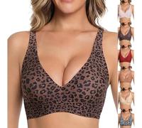 Uwdiohq Jelly Bras for Women UK Full Coverage Leopard Print Wireless Seamless Support Bra Soft Non Wired Push Up V Neck Plush Size Bras Comfort Breathable Padded Everyday T Shirt Bra D Coffee L
