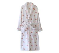 Uwdiohq Ladies Dressing Gown Flannel Soft Robe Warm Fluffy Bathrobes with Shawl Collar Heart Pint Long Robe for Cold Day Lounge Sleepwear Bathrobe for Women with Pockets White M