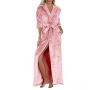 Uwdiohq Ladies Flannel Fleece Dressing Gown Winter Warm Ladies Bathrobe Hooded Fluffy Solid Colour Cozy Robes Wrap Tie Waist Long Length Sleepwear Nightgown with Pockets Pink M