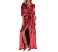 Uwdiohq Ladies Flannel Fleece Dressing Gown Winter Warm Ladies Bathrobe Hooded Fluffy Solid Colour Cozy Robes Wrap Tie Waist Long Length Sleepwear Nightgown with Pockets Red XL