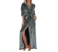 Uwdiohq Ladies Flannel Fleece Dressing Gown Winter Warm Ladies Bathrobe Hooded Fluffy Solid Colour Cozy Robes Wrap Tie Waist Long Length Sleepwear Nightgown with Pockets Dark Gray L