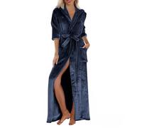 Uwdiohq Ladies Flannel Fleece Dressing Gown Winter Warm Ladies Bathrobe Hooded Fluffy Solid Colour Cozy Robes Wrap Tie Waist Long Length Sleepwear Nightgown with Pockets Navy XL