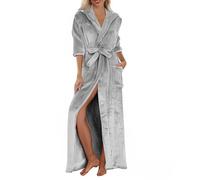 Uwdiohq Ladies Flannel Fleece Dressing Gown Winter Warm Ladies Bathrobe Hooded Fluffy Solid Colour Cozy Robes Wrap Tie Waist Long Length Sleepwear Nightgown with Pockets Grey S
